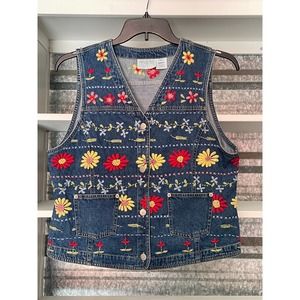 Vintage 90s SUSAN BRISTOL Floral Embroidered Button Front Denim Vest Size M